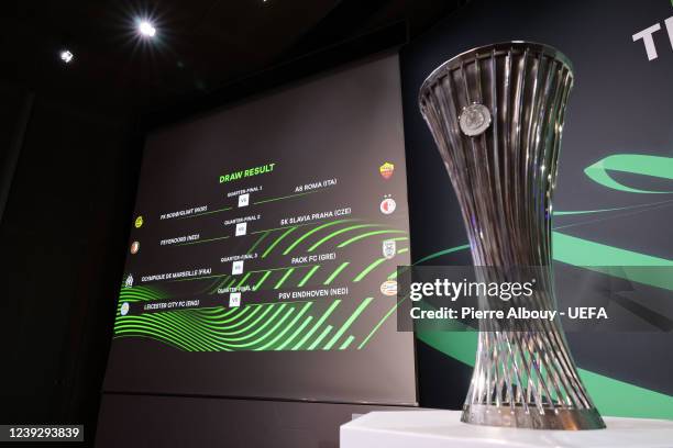 The result of the UEFA Europa Conference League 2021/22 Quarter-finals and Semi-finals Draws is displayed on the screen at the UEFA headquarters, The...