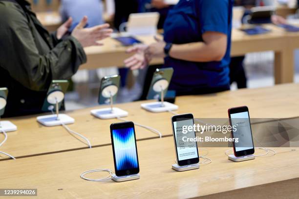 Apple iPhone SE 3 smartphones during the sales launch at the Apple Inc. Flagship store in New York, U.S., on Friday, March 18, 2022. The debut...