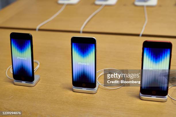 Apple iPhone SE 3 smartphones during the sales launch at the Apple Inc. Flagship store in New York, U.S., on Friday, March 18, 2022. The debut...