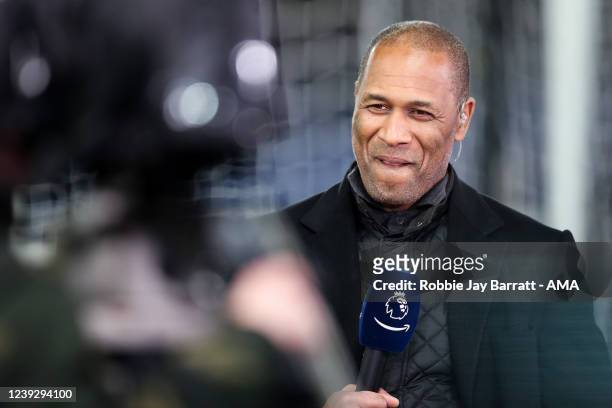 Les Ferdinand presenting for Amazon Prime during the Premier League match between Everton and Newcastle United at Goodison Park on March 17, 2022 in...