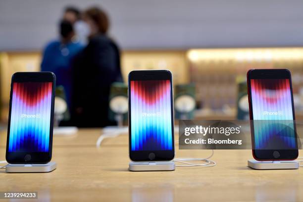 Apple iPhone SE 3 smartphones during the sales launch at the Apple Inc. Flagship store in New York, U.S., on Friday, March 18, 2022. The debut...