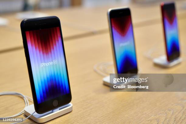 Apple iPhone SE 3 smartphones during the sales launch at the Apple Inc. Flagship store in New York, U.S., on Friday, March 18, 2022. The debut...