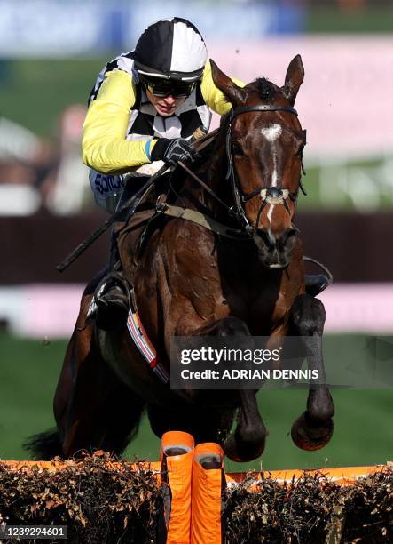 Jockey Sean O'Keeffe rides horse 'The Nice Guy' to win the Albert Bartlett Novices' Hurdle on the final day of the Cheltenham Festival at Cheltenham...