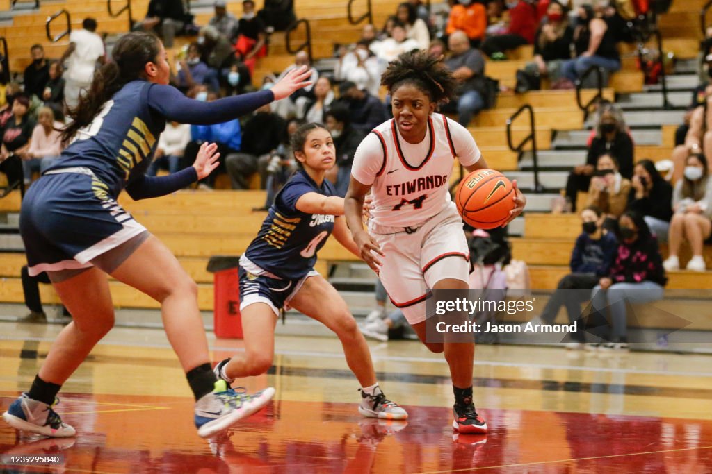 Etiwanda High School player Majesty Cade drives the ball against