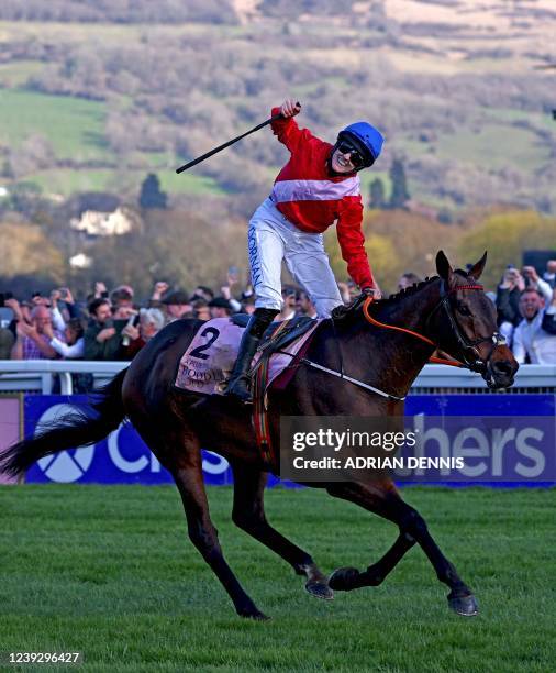 Jockey Rachael Blackmore celebrates on horse 'A Plus Tard' after winning the Cheltenham Gold Cup Chase race on the final day of the Cheltenham...