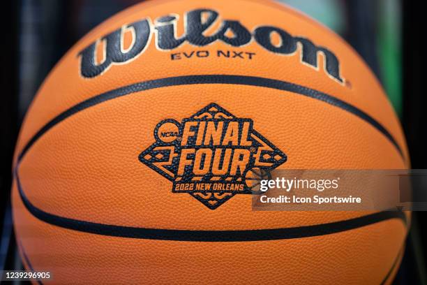 Basketball with the New Orleans Final Four logo during the mens March Madness college basketball game between the Michigan Wolverines and Colorado...