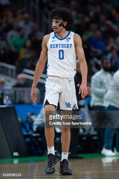 Kentucky Wildcats forward Jacob Toppin looks to the sidelines during the mens March Madness college basketball game between the Kentucky Wildcats and...