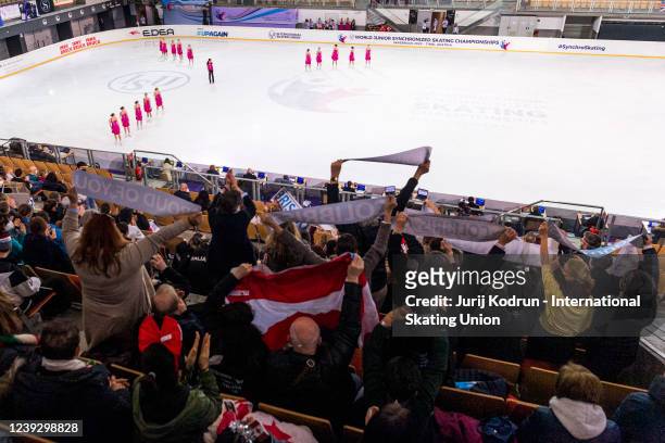 Team Colibris Vienna of Austria perform during the ISU World Junior Synchronized Skating Championships at Olympiaworld on March 18, 2022 in...