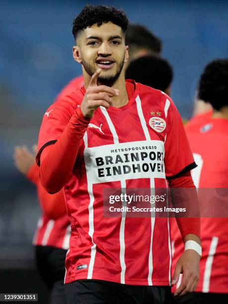 Ismael Saibari of PSV U23 celebrate 1-1 during the Dutch Keuken Kampioen Divisie match between PSV U23 v Roda JC at the De Herdgang on March 18, 2022...