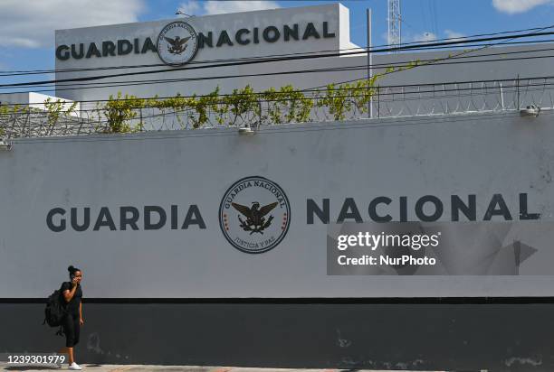 Woman walks in front of the station of the National Guard in San Francisco de Campeche. On Friday, March 17 in San Francisco de Campeche, Campeche,...