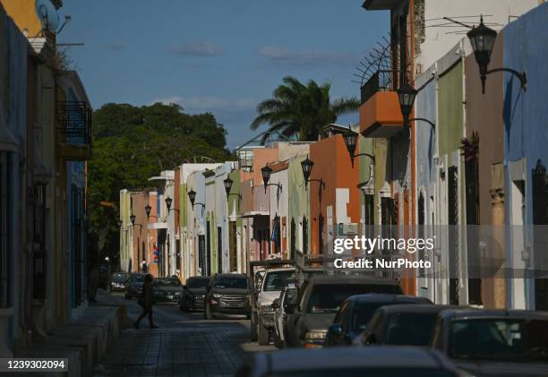 Street with colorful house facades in the historic center of San Francisco de Campeche. On Friday, March 17 in San Francisco de Campeche, Campeche,...