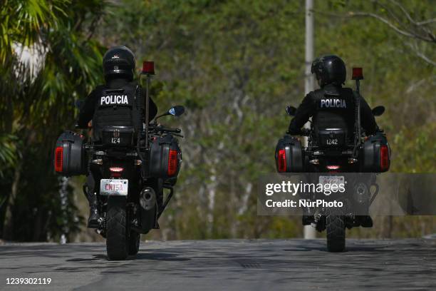 Two policemen on motorbikes patrolling around Fort San Miguel - Archaeological Museum in Campeche. On Friday, March 17 in San Francisco de Campeche,...