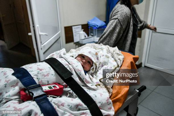 Baby on the stretcher is pictured at the Zaporizhzhia Regional Children's Clinical Hospital where children who have sustained severe injuries during...