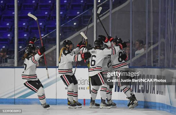 Skylar Irving of the Northeastern Huskies celebrates with teammates after scoring a goal in the second period during the Division I Womens Ice Hockey...