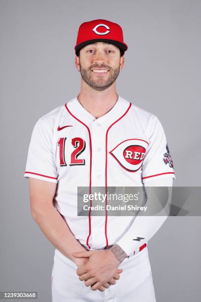 Tyler Naquin of the Cincinnati Reds poses for a photo during the Cincinnati Reds Photo Day at Goodyear Ballpark on Friday, March 18, 2022 in...