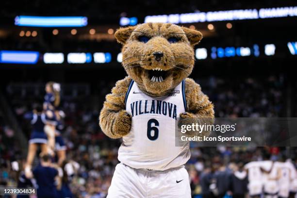 Villanova Wildcats mascot looks on during the men's March Madness college basketball game between the Delaware Fightin Blue Hens and the Villanova...