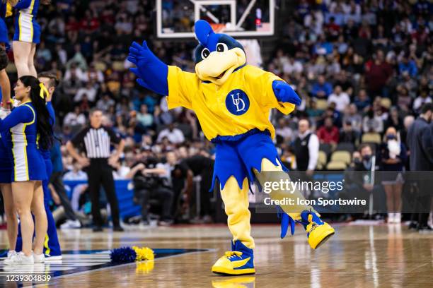 Delaware Fightin Blue Hens mascot looks on during the men's March Madness college basketball game between the Delaware Fightin Blue Hens and the...