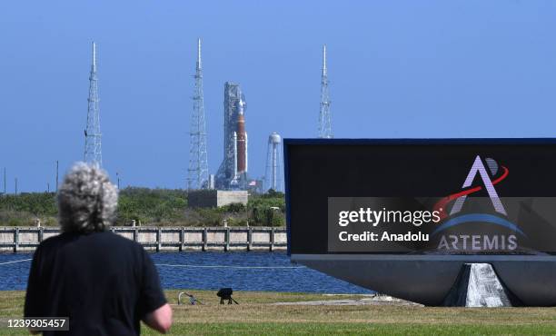 The SLS moon rocket topped by the Orion spacecraft stands at launch complex 39B following an overnight rollout from the Vehicle Assembly Building at...