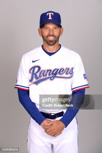 Chris Woodward of the Texas Rangers poses for a photo during the Texas Rangers Photo Day at Surprise Stadium on Thursday, March 17, 2022 in Surprise,...