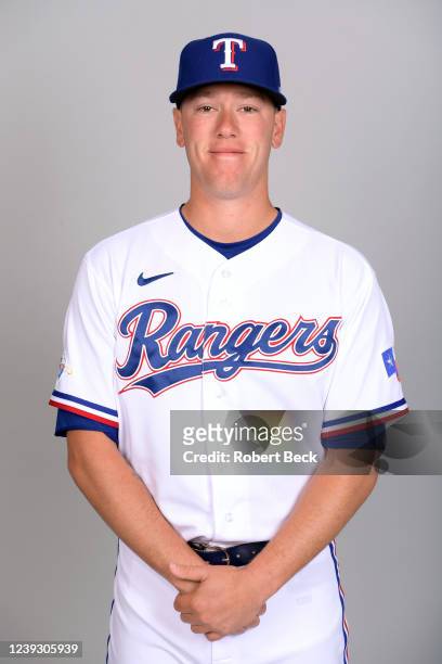 Kolby Allard of the Texas Rangers poses for a photo during the Texas Rangers Photo Day at Surprise Stadium on Thursday, March 17, 2022 in Surprise,...