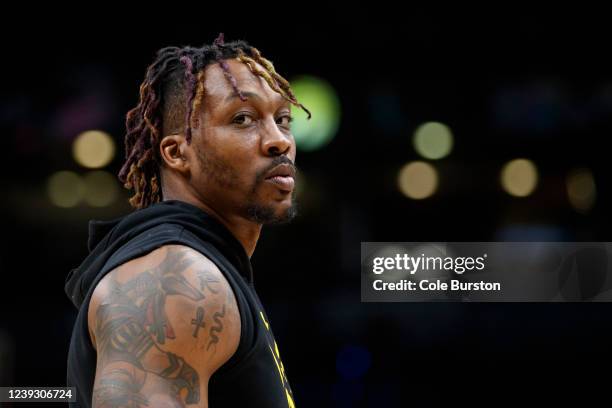 Dwight Howard of the Los Angeles Lakers warms up ahead of their NBA game against the Toronto Raptors at Scotiabank Arena on March 18, 2022 in...