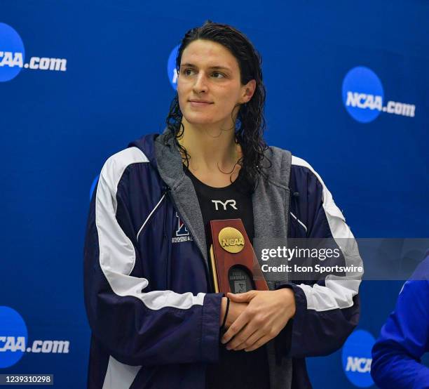 University of Pennsylvania swimmer Lia Thomas reacts after finishing tied for 5th in the 200 Freestyle finals at the NCAA Swimming and Diving...