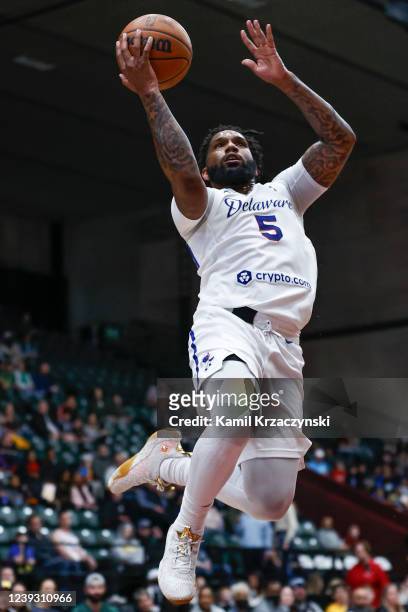 Myles Powell of the Delaware Blue Coats goes to the basket against the Grand Rapids Gold during the first half of an NBA G-League game on March 18,...