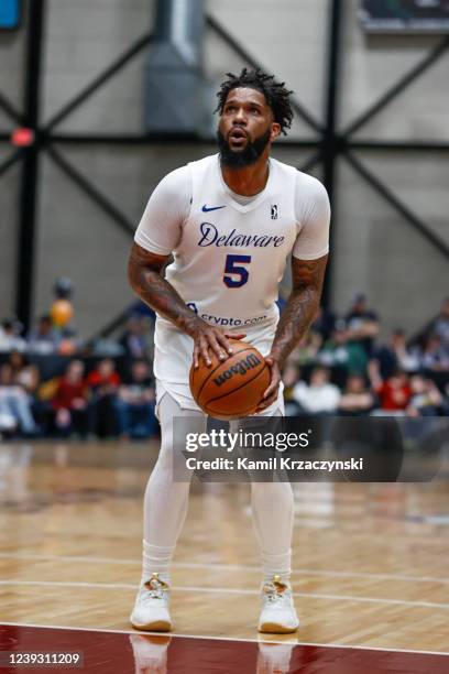 Myles Powell of the Delaware Blue Coats shoots a free throw against the Grand Rapids Gold during the first half of an NBA G-League game on March 18,...