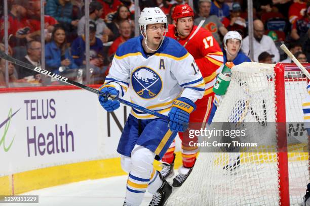 Mark Pysyk of the Buffalo Sabres skates against the Calgary Flames at Scotiabank Saddledome on March 18, 2022 in Calgary, Alberta.
