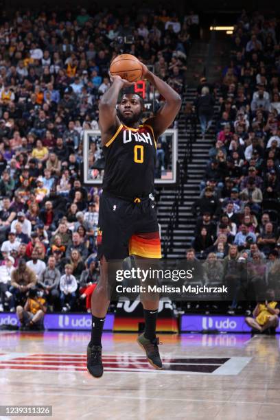 Eric Paschall of the Utah Jazz shoots the ball during the game against the LA Clippers on March 18, 2022 at vivint.SmartHome Arena in Salt Lake City,...