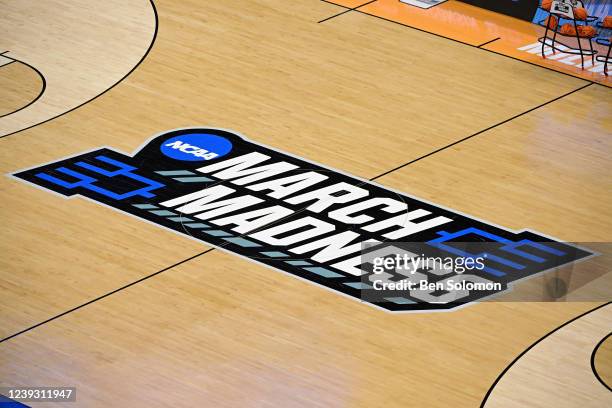 General view of the March Madness logo at center court during the first round of the 2022 NCAA Men's Basketball Tournament held at the Fiserv Forum...