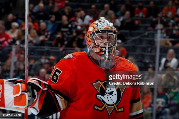 Goaltender John Gibson of the Anaheim Ducks argues with the officials after being called for delay of game during the second period of the game...