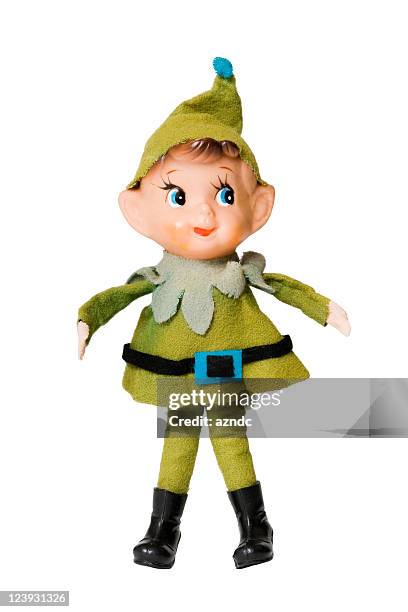 green christmas elf on a white background - christmas toys stock pictures, royalty-free photos & images