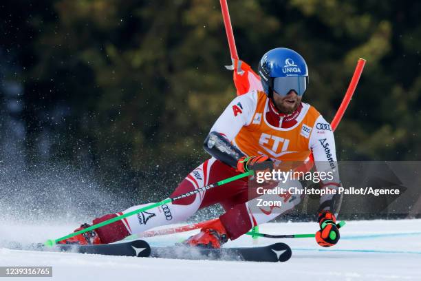 Marco Schwarz of team Austria competes during the Audi FIS Alpine Ski World Cup Men's Giant Slalom on March 19, 2022 in Courchevel, France.