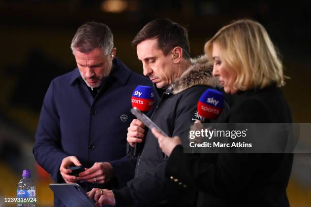 Sky Sports pundits Gary Neville and Jamie Carragher with presenter Kelly Cates during the Premier League match between Wolverhampton Wanderers and...