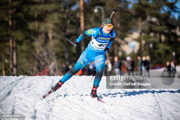 Anais Bescond of France in action competes during the Sprint Women at the IBU World Cup Biathlon Oslo on March 18, 2022 in Oslo, Norway.