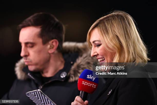 Sky Sports pundit Gary Neville with presenter Kelly Cates during the Premier League match between Wolverhampton Wanderers and Leeds United at...