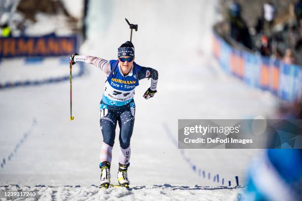 Joanne Reid of USA in the finish during the Sprint Women at the IBU World Cup Biathlon Oslo on March 18, 2022 in Oslo, Norway.