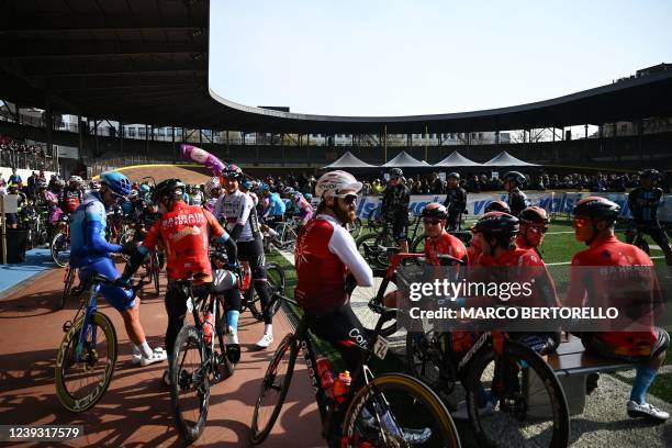 Team Cofidis' Simon Geschke of Germany and riders wait prior to take the start, from the Maspes-Vigorelli velodrome in Milan, of the 113th Milan-San...