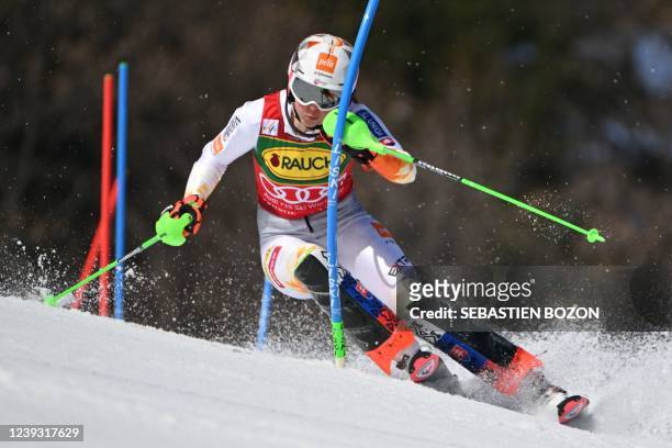 Slovakia's Petra Vlhova competes during the first run of the Women's slalom as part of the FIS Alpine Ski World Cup finals 2021/2022 in Meribel,...