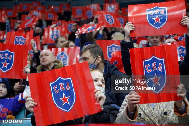 Fans with signs seen during the Kontinental Hockey League, Gagarin Cup, KHL 2021/22 between SKA Saint Petersburg and Spartak Moscow at the Ice Sports...