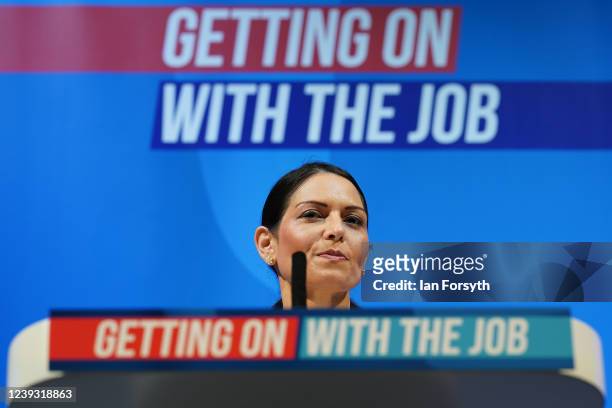 Home Secretary Priti Patel addresses delegates during the Conservative Party Spring Conference at Blackpool Winter Gardens on March 19, 2022 in...