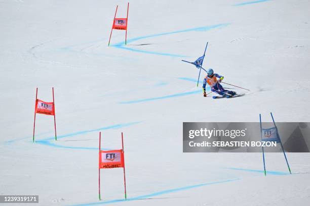 France's Thibaut Favrot competes during the second run of the Men's Giant slalom as part of the FIS Alpine Ski World Cup finals 2021/2022 in Meribel,...