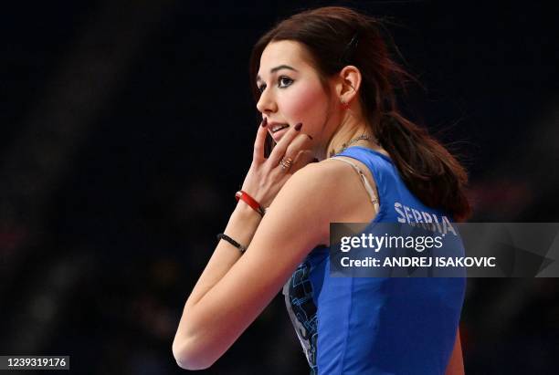 Serbia's Angelina Topic celebrates a jump as she competes in the women's high jump final during The World Athletics Indoor Championships 2022 at the...