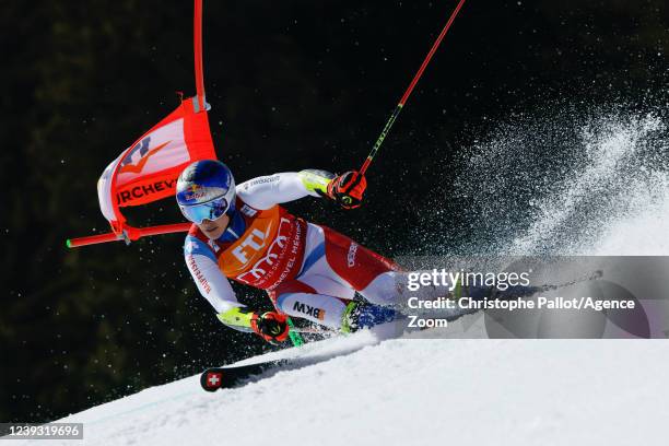 Marco Odermatt of Team Switzerland competes during the Audi FIS Alpine Ski World Cup Men's Giant Slalom on March 19, 2022 in Courchevel, France.