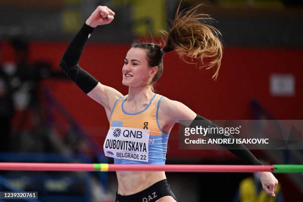 Kazakhstan's Nadezhda Dubovitskaya reacts as she competes in the women's high jump final during The World Athletics Indoor Championships 2022 at the...