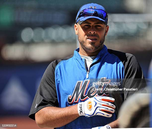 Ronny Paulino of the New York Mets looks on during batting practice prior to the game against the Florida Marlins at Citi Field on August 29, 2011 in...