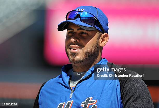 Ronny Paulino of the New York Mets looks on during batting practice prior to the game against the Florida Marlins at Citi Field on August 29, 2011 in...