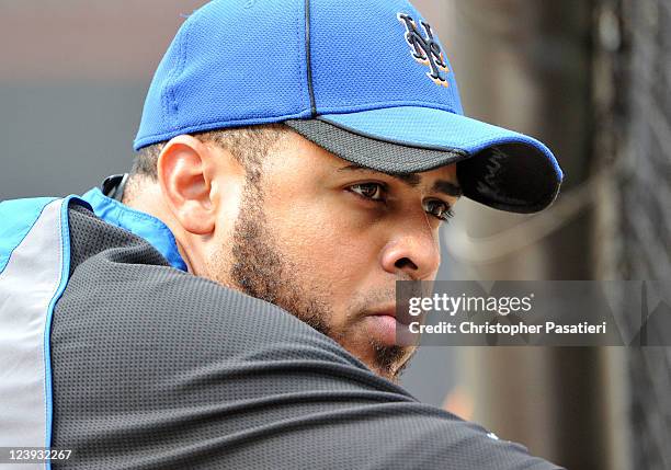 Ronny Paulino of the New York Mets looks on during batting practice prior to the game against the Florida Marlins at Citi Field on August 1, 2011 in...