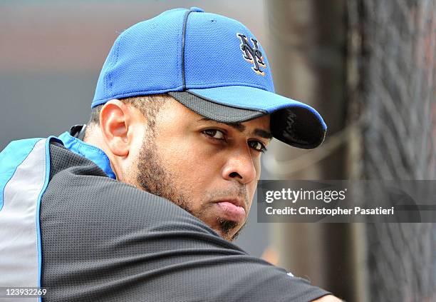 Ronny Paulino of the New York Mets looks on during batting practice prior to the game against the Florida Marlins at Citi Field on August 1, 2011 in...